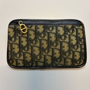 Vintage Christian Dior Oblique Monogram Zip Pouch Navy Gold Hardware - AUTHENTIC